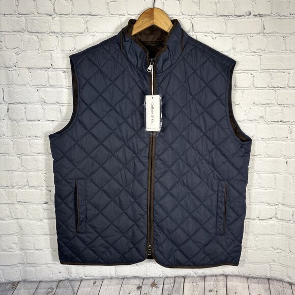 NEW Collars & Co Voyager Vest 2XL Navy Quilted Full Zip Golf Preppy Brown Trim